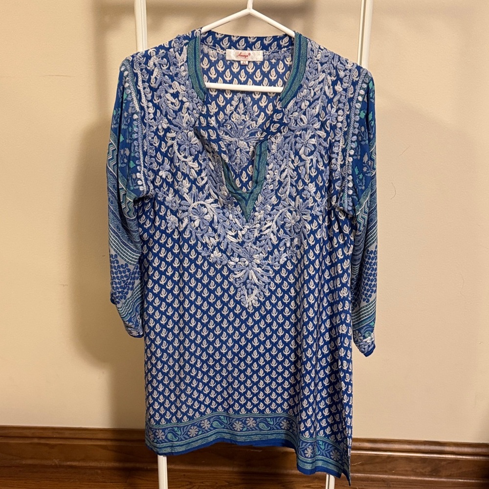 Amaya blue green embroidered silk top - size M